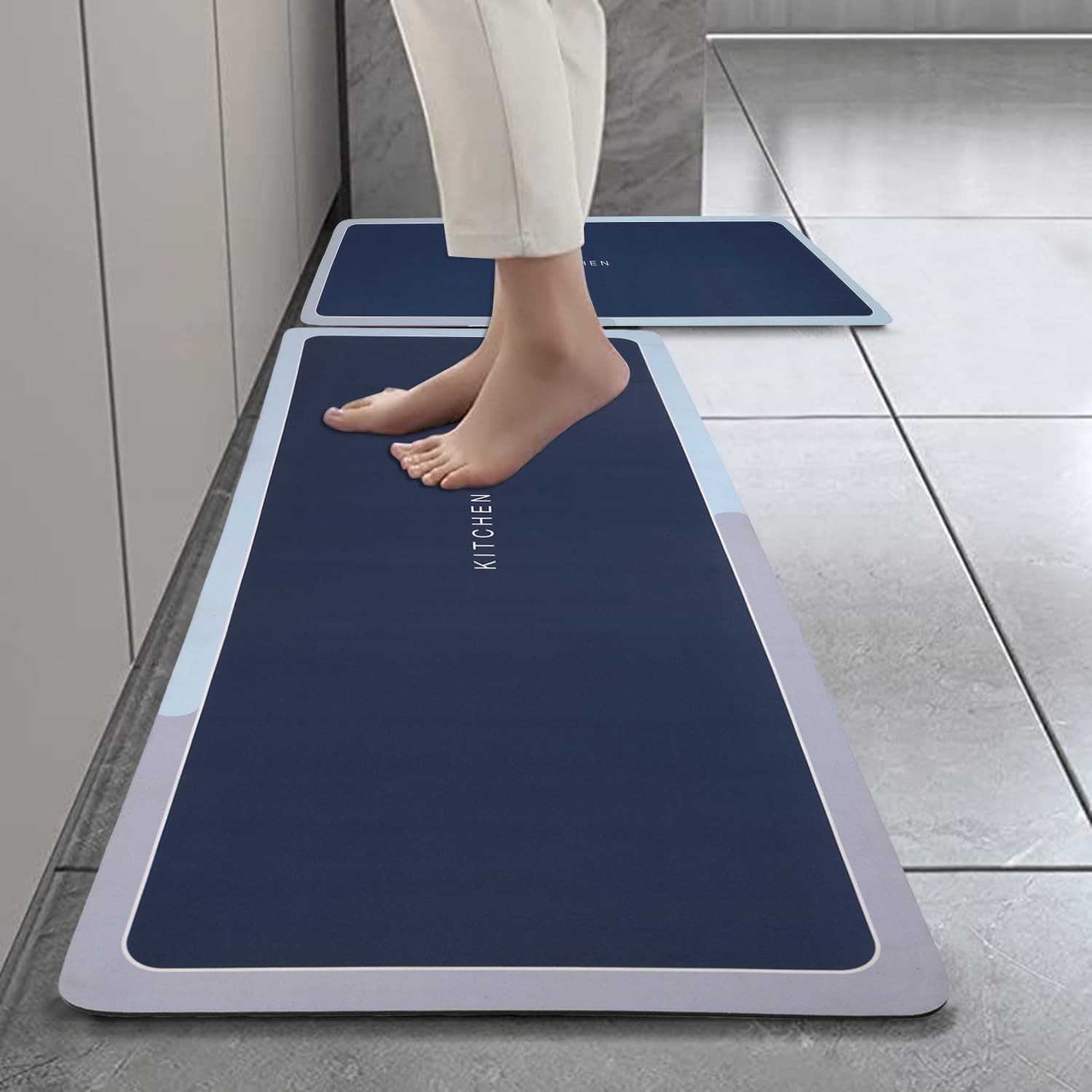 - HomeCloud Rubber Kitchen Mats for Floor Set of 2 Pcs | Non-Skid, Soft Absorbent Rugs for Kitchen, Laundry, and Hallway | 120x40cm, 40x60cm| 4mm Thickness (Kitchen_Navy)