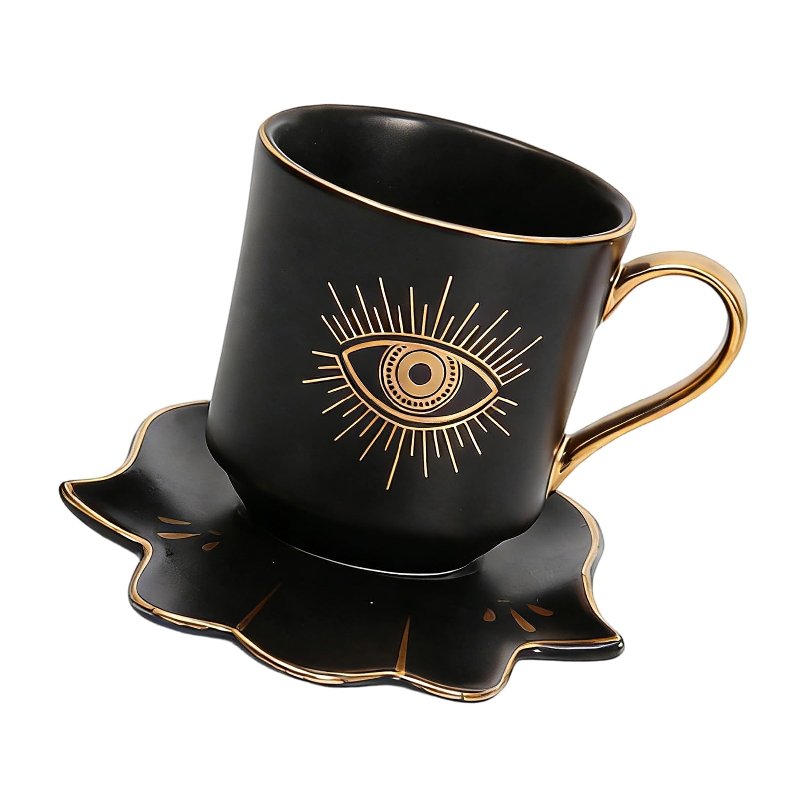 LUCKGONI Ceramic Coffee Cup and Hand Shape Saucer Set Evils Eye Theme Mug Drinkware for Safe Tea Milk Drinking