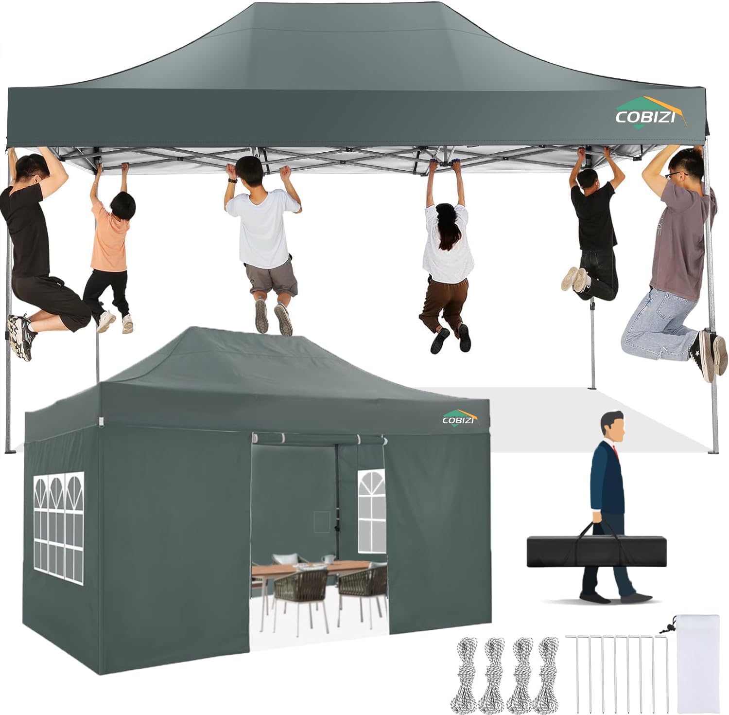 COBIZI Gazebo 3 x 4.5 cm Folding Gazebo Waterproof Stable Winterproof with 4 Side Walls Party Tent The Pointed Roof Garden Gazebo Outdoor Foldable UV Protection Gray