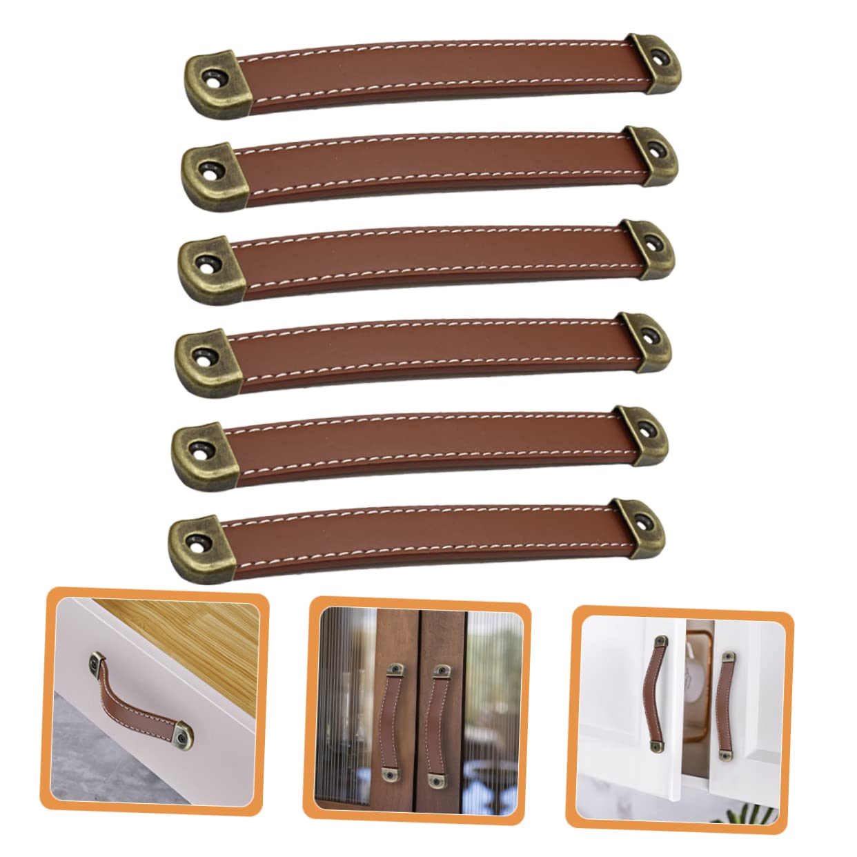 HEMOTON Poignées de Placard en Cuir Marron Lot de 6, Entraxe 160mm