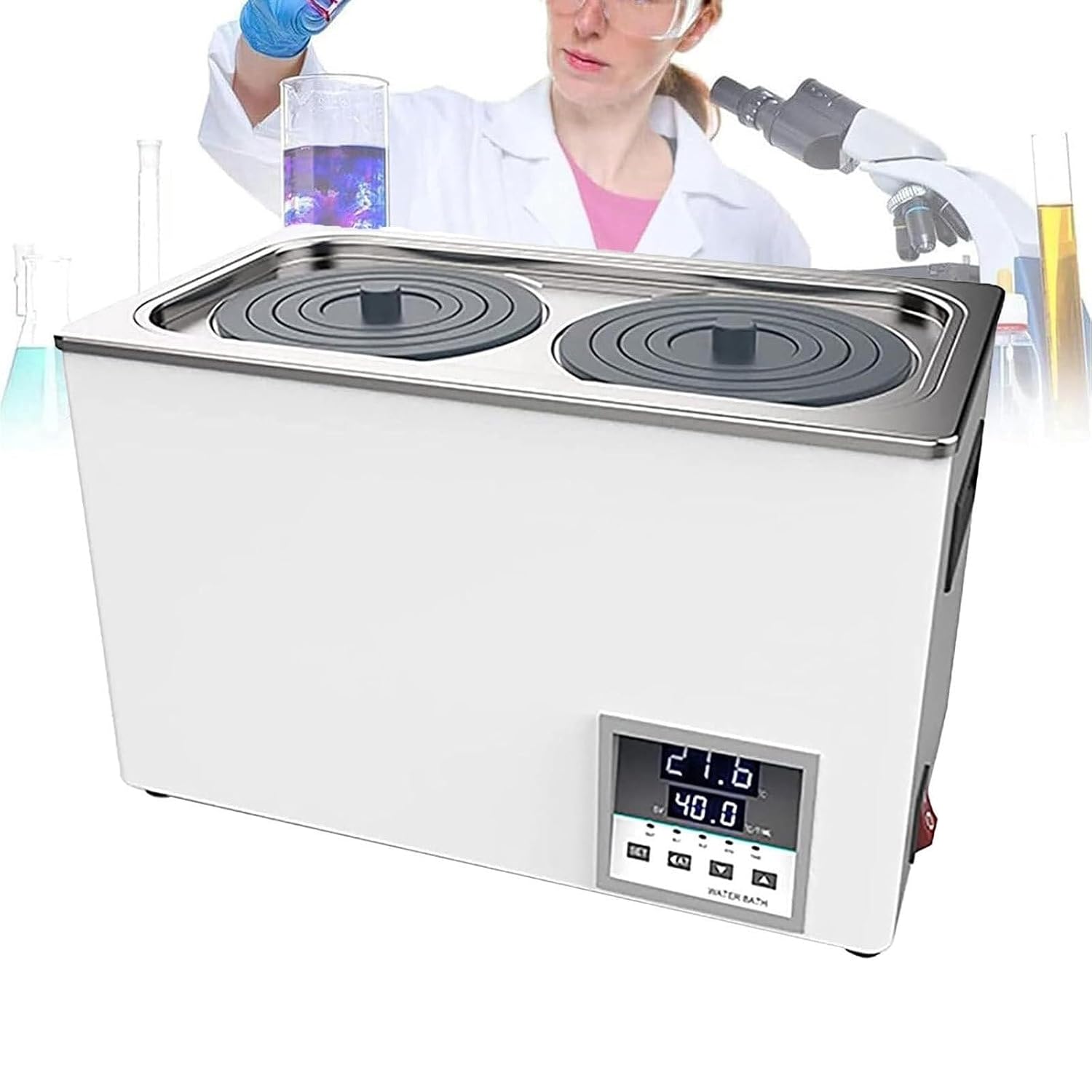 Digital Thermostatic Lab Water Bath, Electric Heater Scientific Heating Bath, Stainless Steel Liner with Digital Display(Dualhole600w)