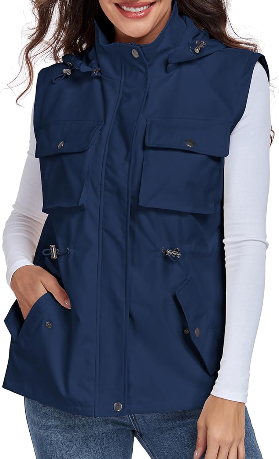 Women's Military Utility Vest Sleeveless Drawstring Jackets Waterproof Cargo Vest Outerwear with Removable Hood