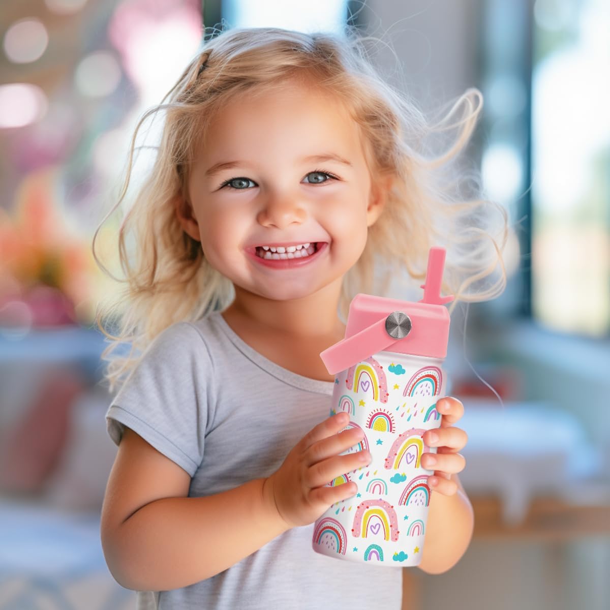 Rainbow Kids Water Bottle With Straw Lid 12oz Insulated Stainless Steel, Travel Tumbler, Gifts For Girls, Birthday, Christmas, Back To School - Image 6