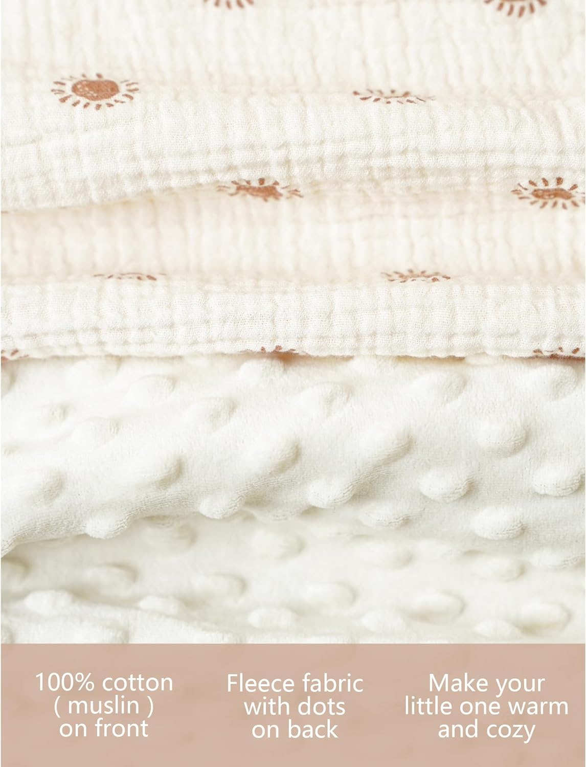 Konssy Mantas de bebé unisex para niños y niñas, mantas minky súper suaves con parte delantera de muselina de algodón y respaldo de forro polar punteado, mantas de cama impresas para recién nacidos