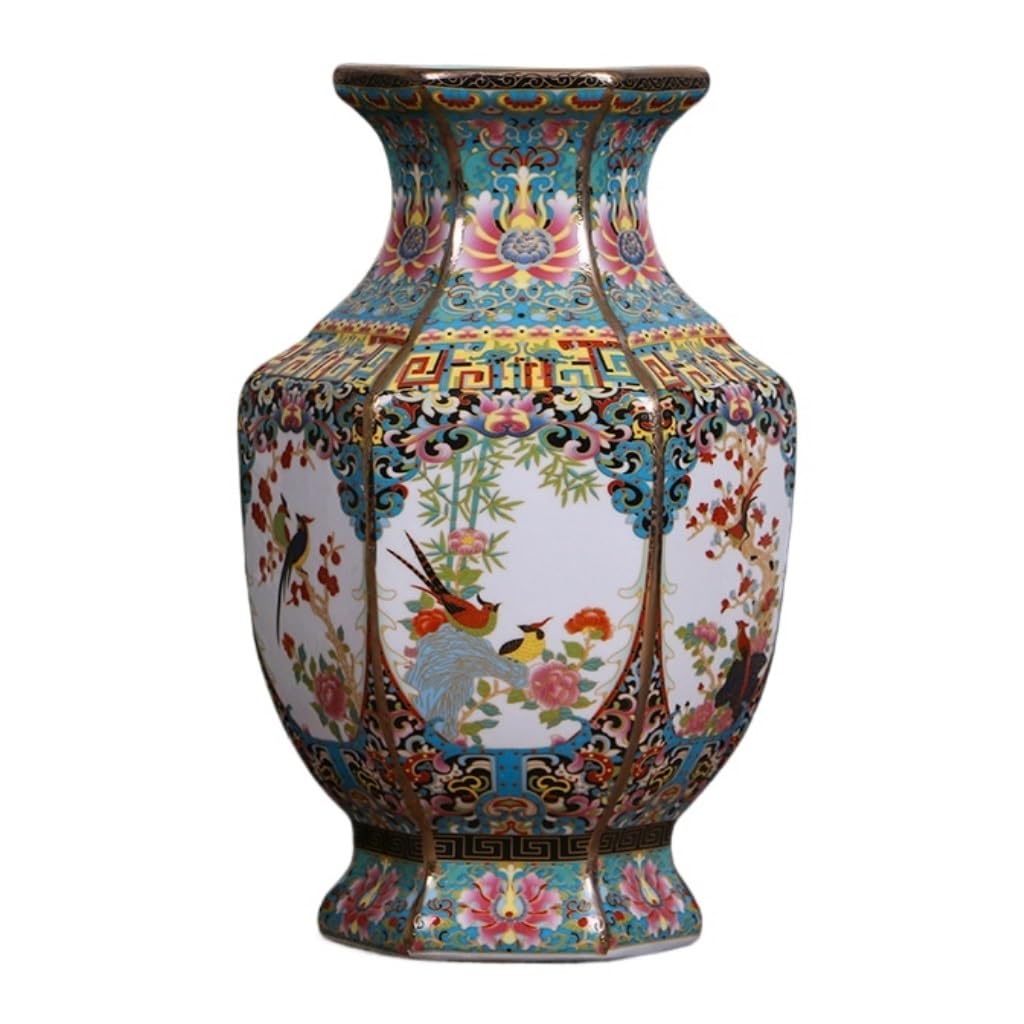 Vase Tabletop Flower Glass Ceramic Antique Chinese Ornament Crafts Golden Pheasant Six Square Vase(Blue)-Blue-A(bule)
