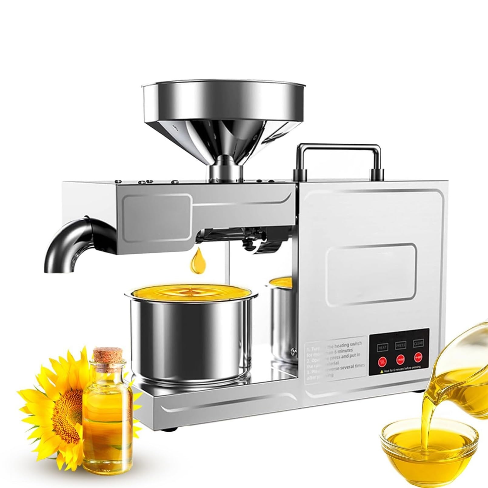 MYUYEE Automatic Oil Press Machine, Food Grade 304 Stainless Steel, High Oil Yield, Automatic Temperature Control For Peanuts Sesame Seeds Nut Soybean (+820W L:43.5Xw:15Xh:32Cm)