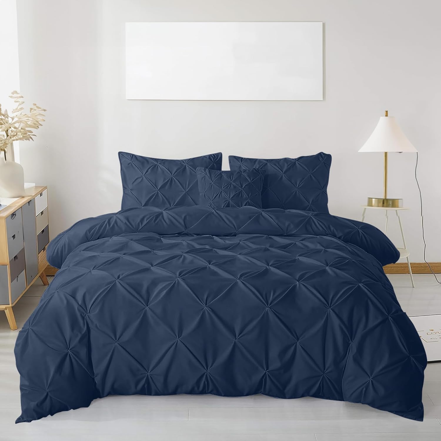 MK Home Textile Pintuck Duvet Cover Set – Luxury Pinch Pleat Bedding with Pillowcases, 100% Soft Microfiber, Wrinkle-Resistant Quilt Cover, Single Double King Super King (Navy, Super King)