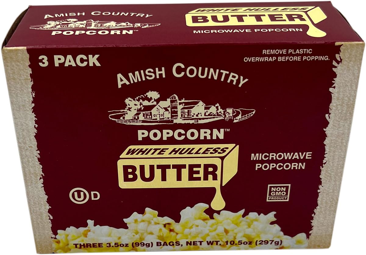 Amish Country Popcorn | Old Fashioned Microwave Popcorn | Medium White 3 Pack Butter | Non-GMO, Gluten Free, Microwaveable and Kosher (3 Bags)