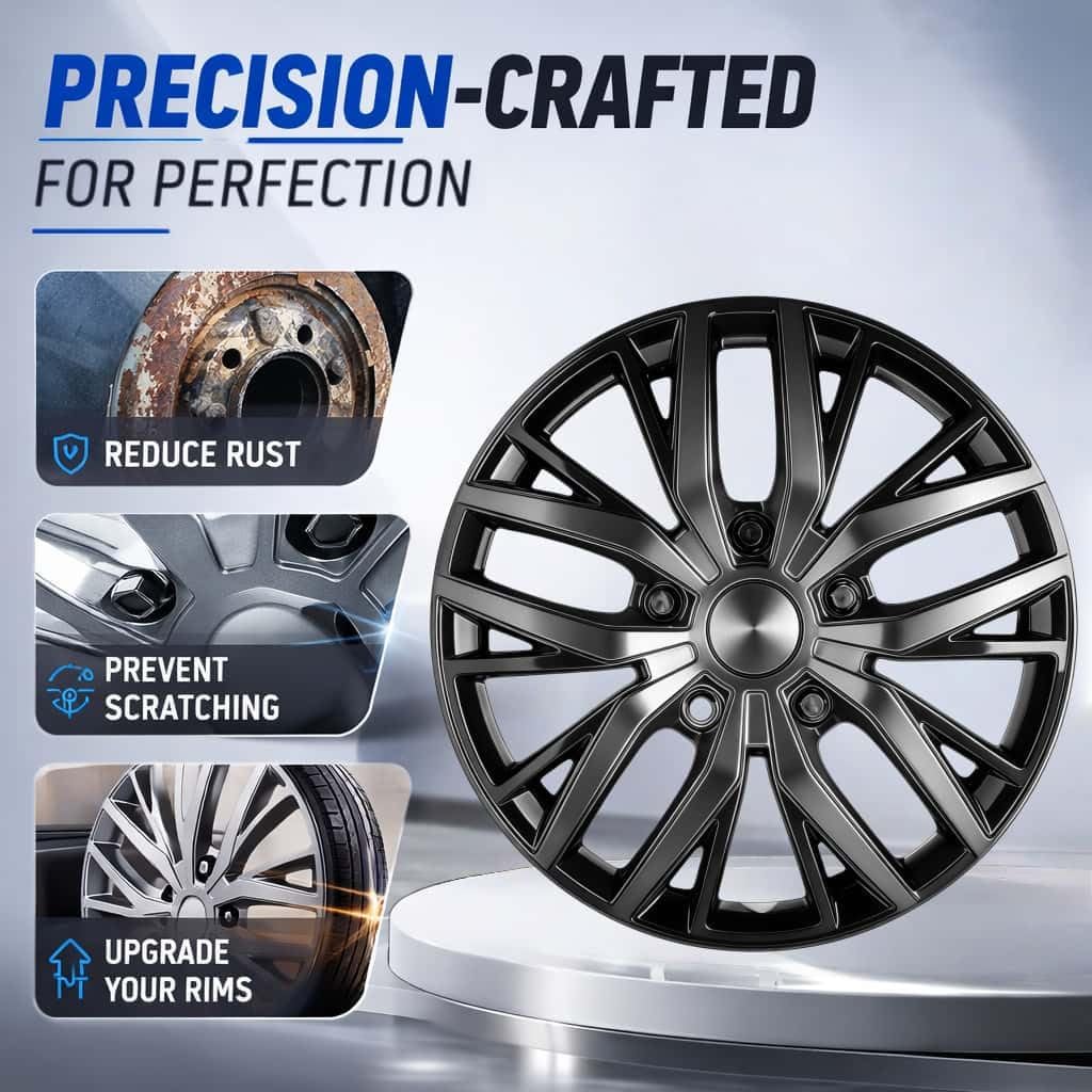 16 Inch Hubcaps with Adjustable Steel Retention Rings, Premium ABS Universal Fit, Set of 4 Wheel Covers (Black-Gunmetal Grey)