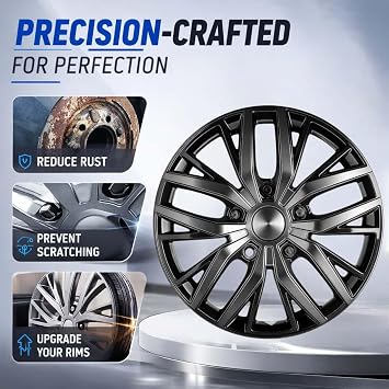 16 Inch Hubcaps with Adjustable Steel Retention Rings, Premium ABS Universal Fit, Set of 4 Wheel Covers (Black-Gunmetal Grey)