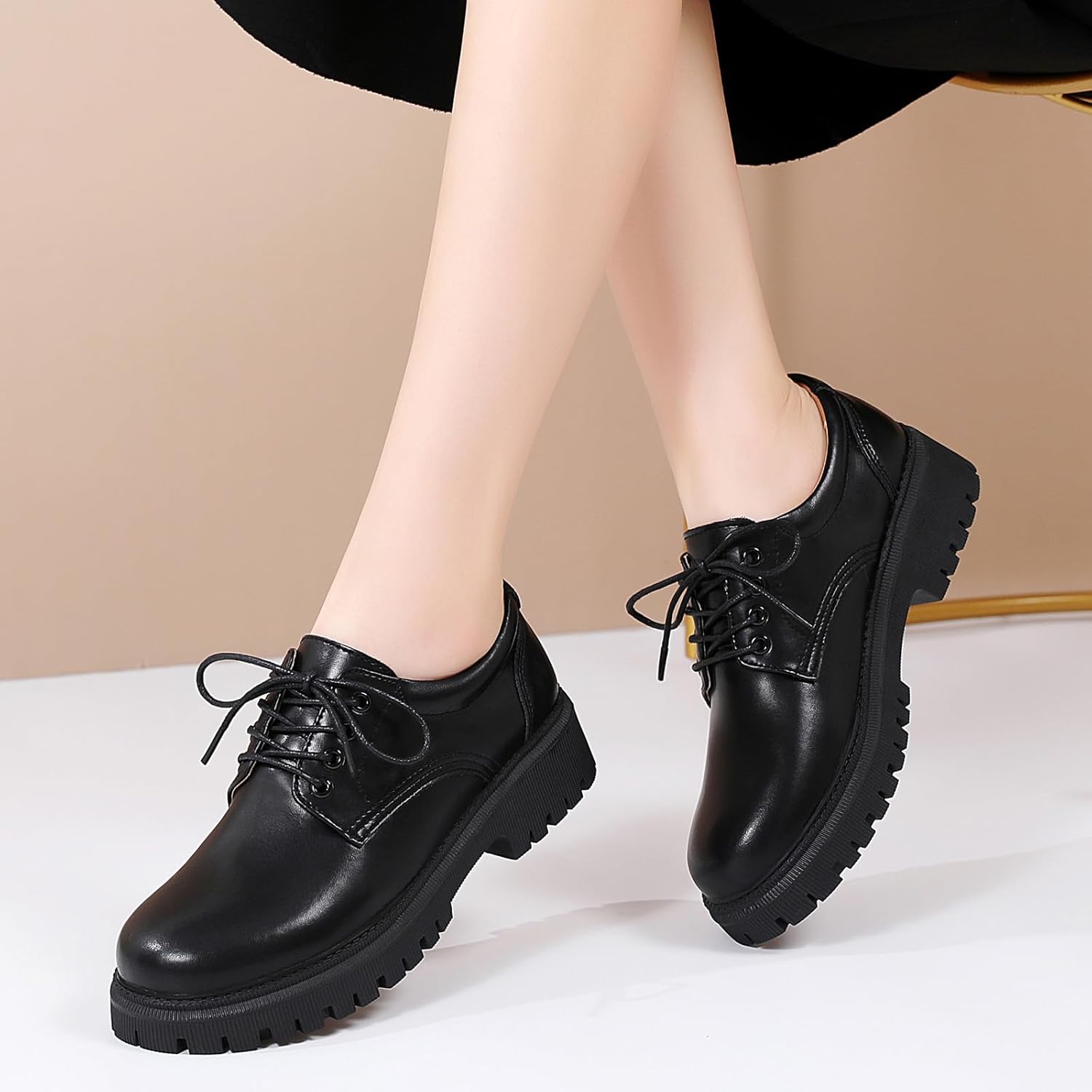 Women Oxford Shoe Black Oxford Shoes for Women Platform Womens Oxfords Shoes Women's Leather Comfortable Dressy Slip On Lace Up Casual Work Business Dress Office Oxfords Shoe - Image 3