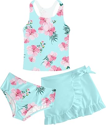 Girls Swimsuits 3 Piece Tankini Bathing Suit Set Cute Bikini Swimwear with Cover Ups Beach Skirt 5-16 Years