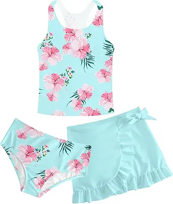 Girls Swimsuits 3 Piece Tankini Bathing Suit Set Cute Bikini Swimwear with Cover Ups Beach Skirt 5-16 Years