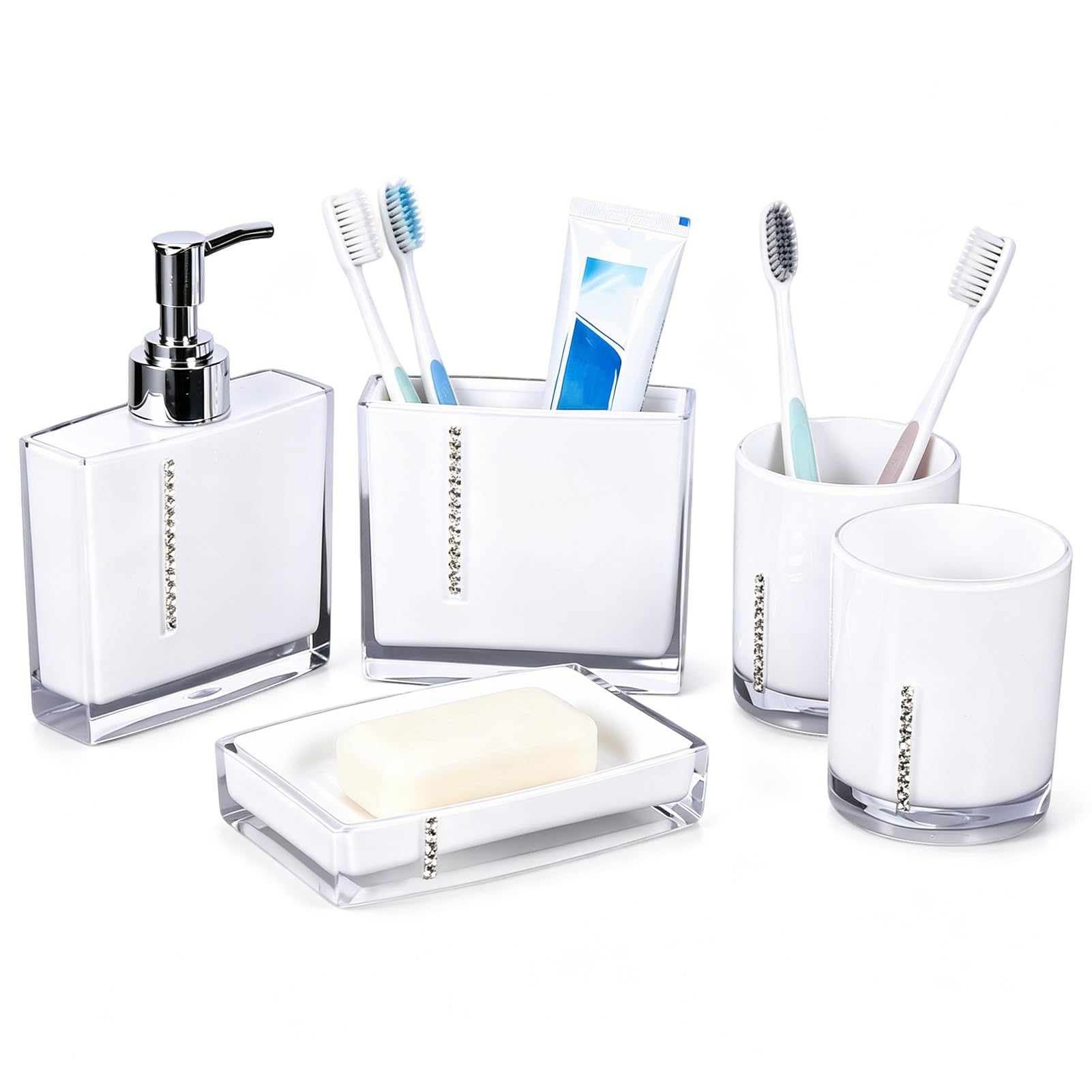 Juego De Accesorios De Baño, Juego De Accesorios De Baño Blanco, 5 Piezas De Acrílico, Taza De Baño, Soporte Para Cepillo De Dientes, Jabonera, Linda Decoración De Baño, Tocador De Baño Moderno, Decor