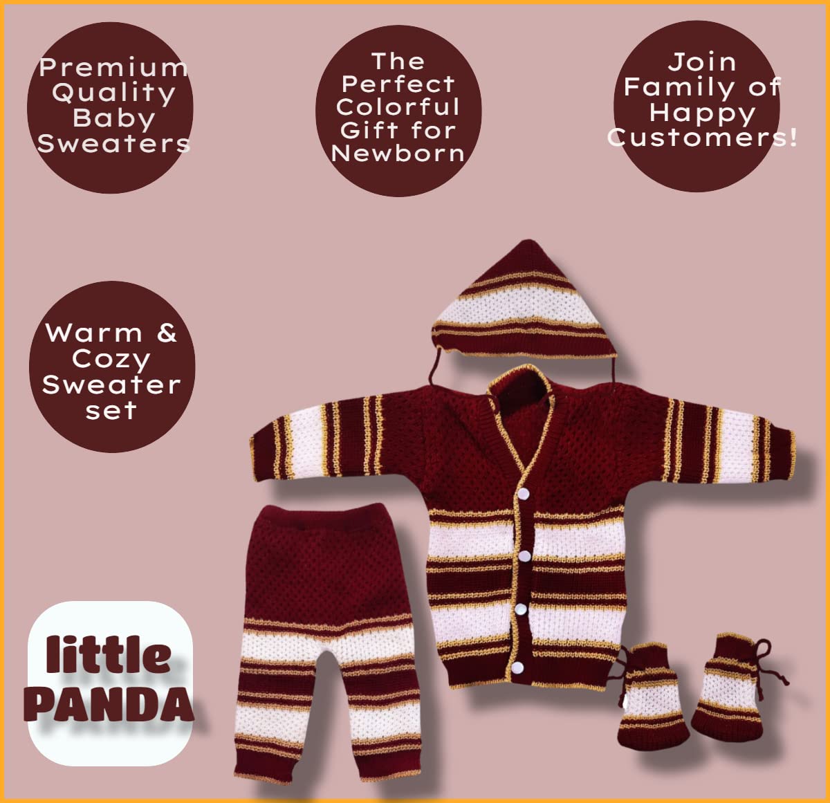 little PANDA Born Baby Sweater for Baby Boys & Baby Girls Woollen Full Sleeves, V Neck Sweater Top, Bottom, Cap & Booties Set (0-3 Months) (Maroon) - Image 6 thumbnail