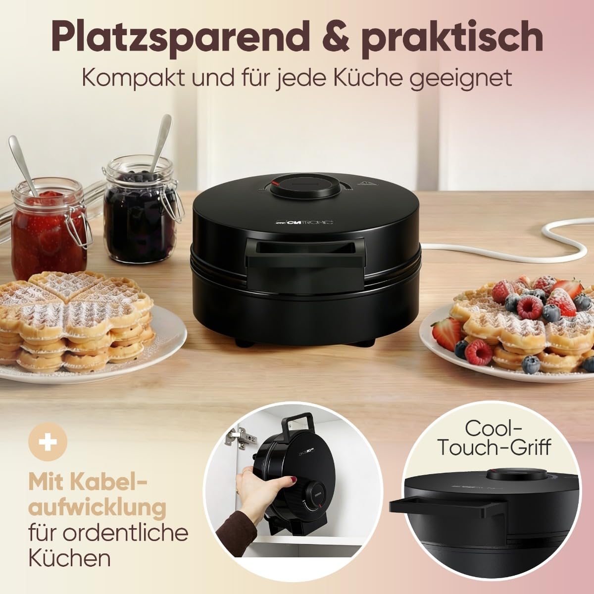 Clatronic WA 3832 gofrownica w kształcie serca | z powłoką zapobiegającą przywieraniu | bezstopniowy regulator do przyrumieniania według życzenia | waffle Maker | gofrownica w kształcie serca 1200 W |