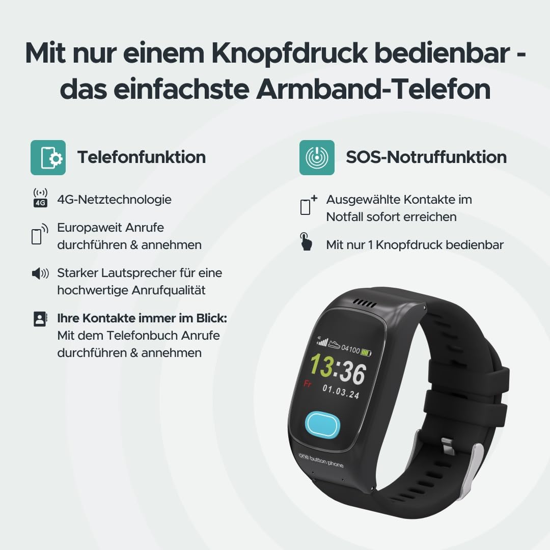 Notfall Uhr mit SOS-Notrufknopf - GPS-Ortung, Sturzerkennung, Telefonfunktion, SIM-Karte dabei, freie Tarifwahl & Kein Abo, Vitaldaten, Familien-App | GPS-Ortung, Sturzerkennung, Telefonfunktion, mit SIM-Karte aber freier Tarifwahl, Kein Abo, Vitaldaten,