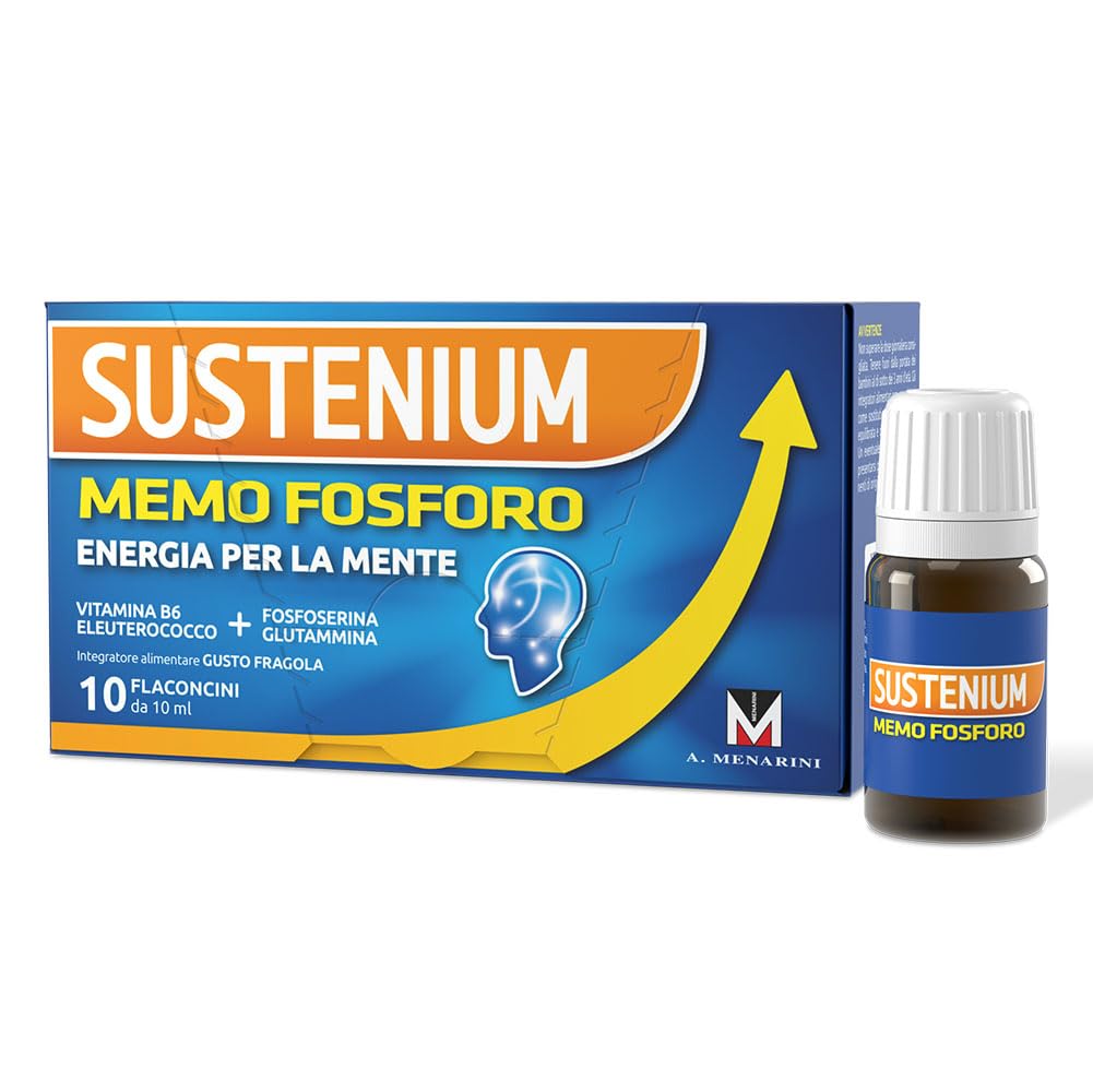 Sustenium Memo Fosforo - Integratore alimentare a base di Fosfoserina, Glutammina, Vitamina B6 ed Eleuterococco. Aroma di fragola. Confezione da 20 flaconcini (10ml)
