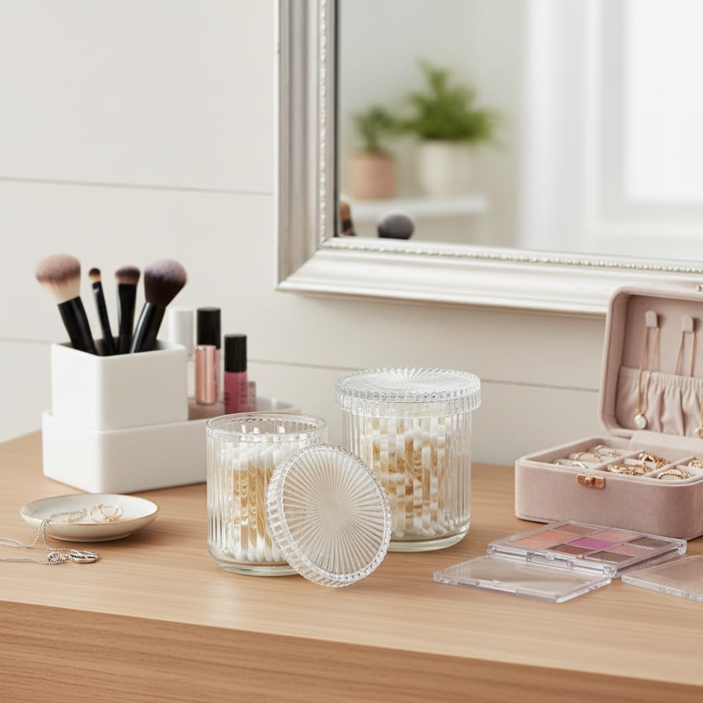 2pcs Bathroom Canister and Storage, Clear Glass Qtip Holder Dispenser, Apothecary Jars with Lids, Modern Ribbed Vanity Storage Organizer Set for Cotton Swabs, Cotton Balls, Pads