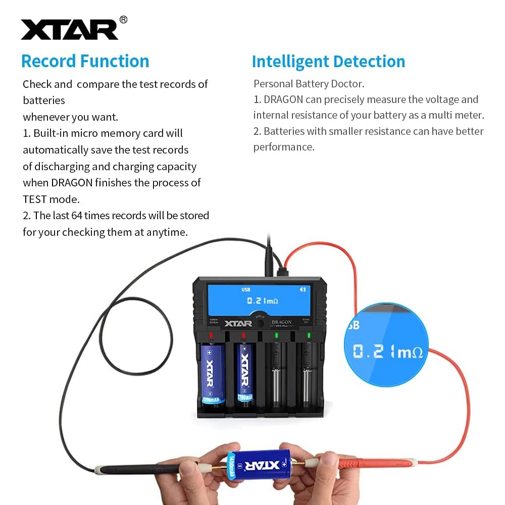 XTAR Dragon VP4L Plus Professional 18650 Capacity Tester Universal 18650 Charger for Rechargeable Batteries Li-ion 21700 26650 14500 16340 Ni-MH AA AAA D with USB Output and Battery Repair Function