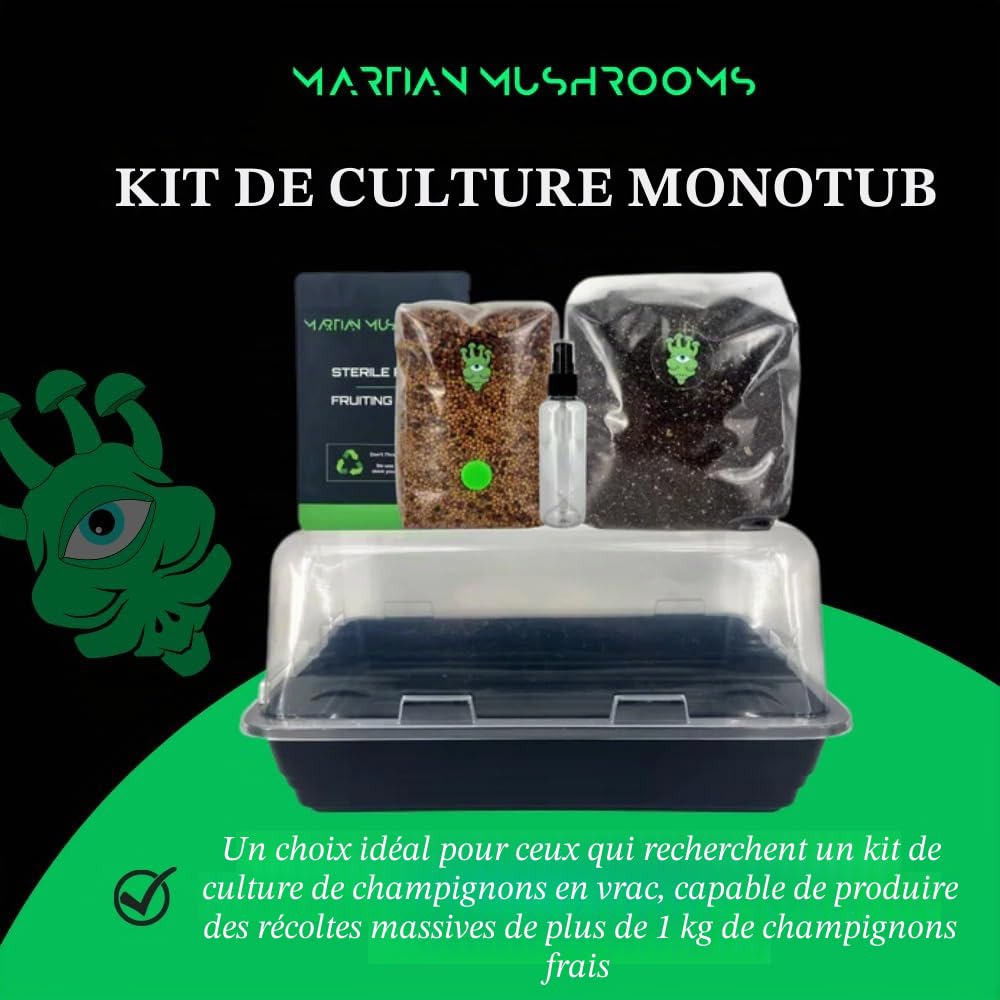 Martian Mushrooms Mushpro Monotub Kit de culture de champignons d'intérieur avec grain stérilisé et substrat CVG 2 kg + rendements prêts à cultiver des champignons à la maison