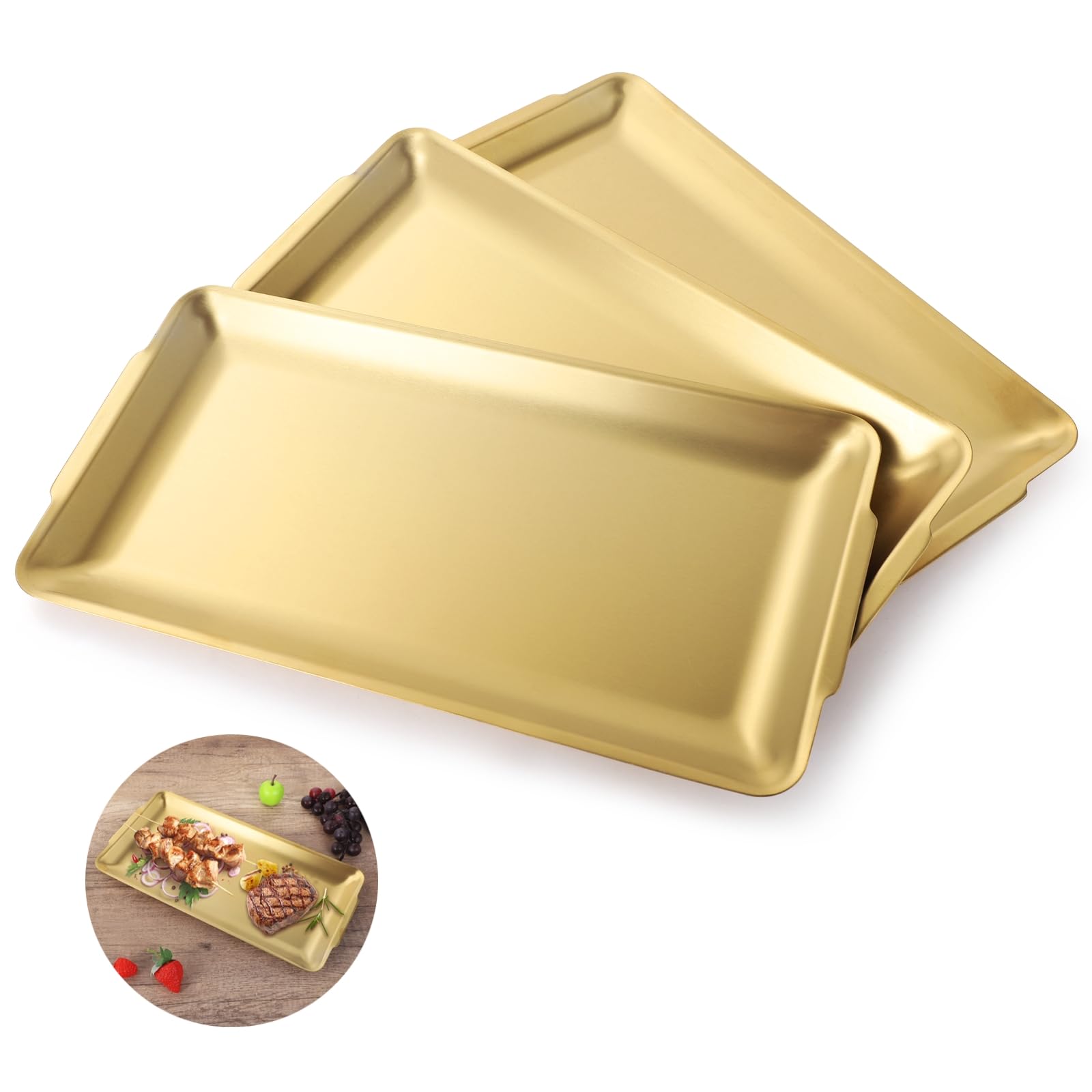 Set di 3 vassoi rettangolari in acciaio inossidabile 304 placcato oro con bordi leggermente rialzati, finitura a specchio, ideali per dessert, snack e catering