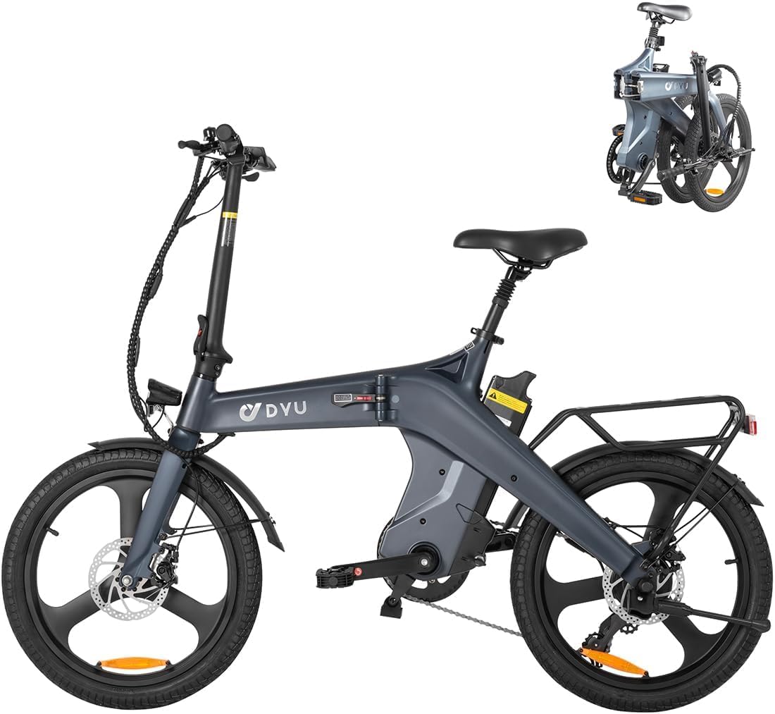 DYU T1 Bicicletta Elettrica Pieghevole 20 Pollici con Sensore di Coppia, Bici Elettrica con Batteria Rimovibile 36V 10Ah, Cambio a 7 Velocità, Ammortizzatore Sella, Portapacchi Posteriore