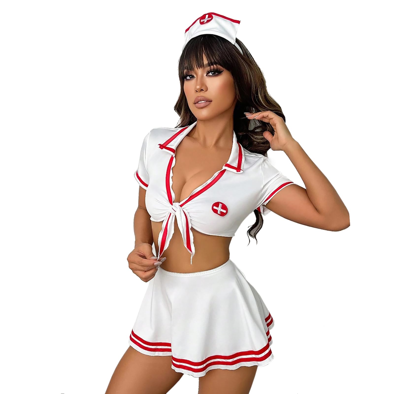 4Pcs Nurse Costume Lingerie Set Women Raves Halloween Cosplay Roleplay Nurse Uniform Babydoll Set Outfit Night Club Honeymoon Valentine's Day Front Tie Crop Top Mini Skirt G-String Headband