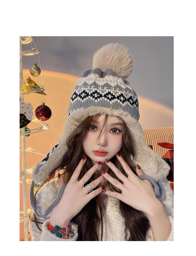 Gorro de Invierno, Gorro de Punto con pompón, Suave y cálido, Forro Polar, Orejeras cálidas, Tejido Jacquard, for esquí al Aire Libre(Beige)