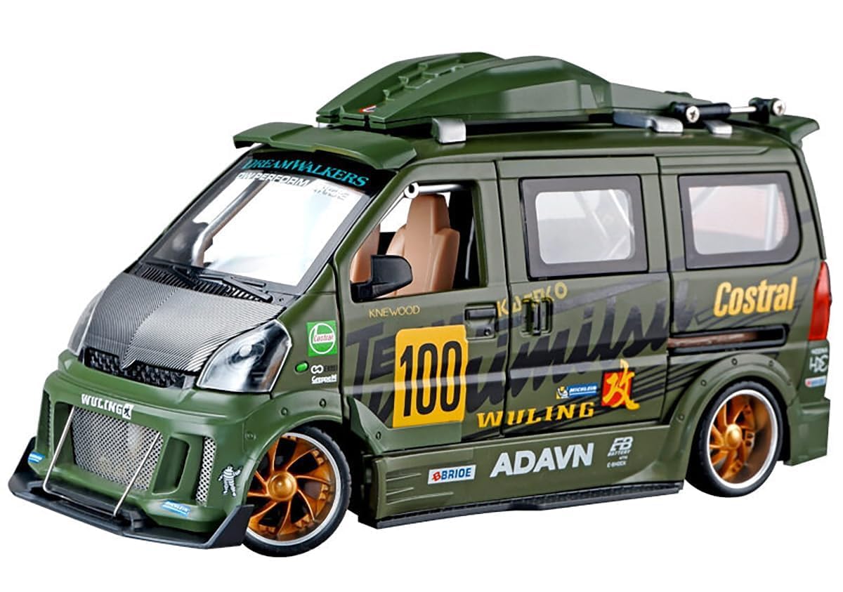 1:24 Scale Wuling Track Sports Van [Large] Diecast Model Car – Zinc Alloy Pull Back Vehicle with 6 Openable Doors, Lights, Music & Steerable Front Wheels – Collectible Toy Van (Green)