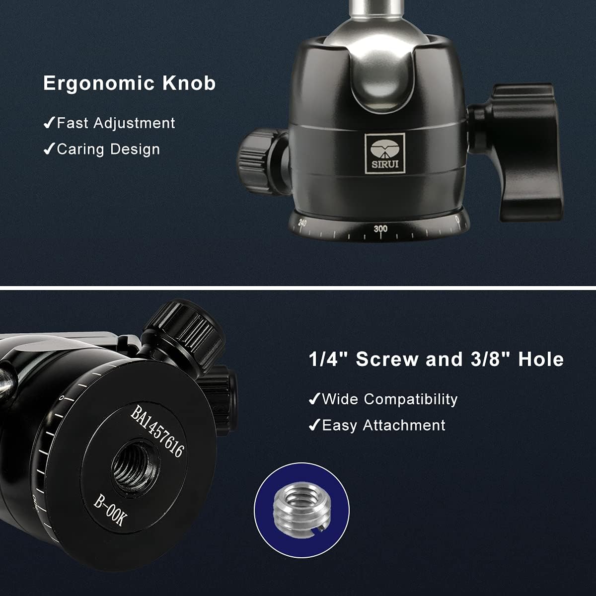 SIRUI Camera Tripod Ball Head, 10KG/22.05lbs Loading Capacity, 360°Panning Base, Aluminum Build Quality, Safety Lock, Universal Mounting Plate for Easy Attachment (B-00K Ball Head) : Electronics