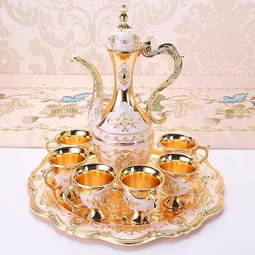 Vintage Turkish Coffee Pot Cups Set with Tray and 6 Cups Retro Coffee Pot Cups Set Exquisite Wine Pot Set Decorative Vintage Tea Service Set for Home Party Decor (Golden White) - Thumbnail 2