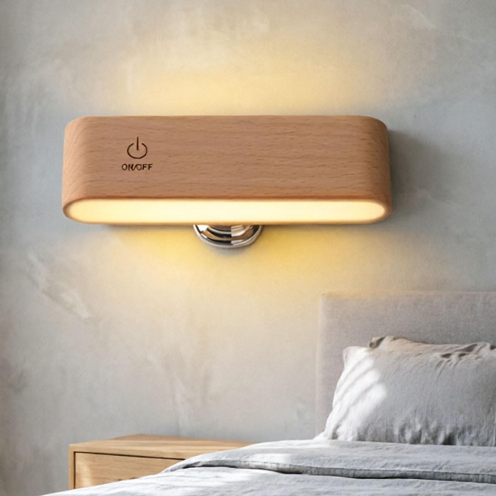 Luce notturna in legno con luce delicata, perfetta per la lettura sul comodino e una comoda luce notturna