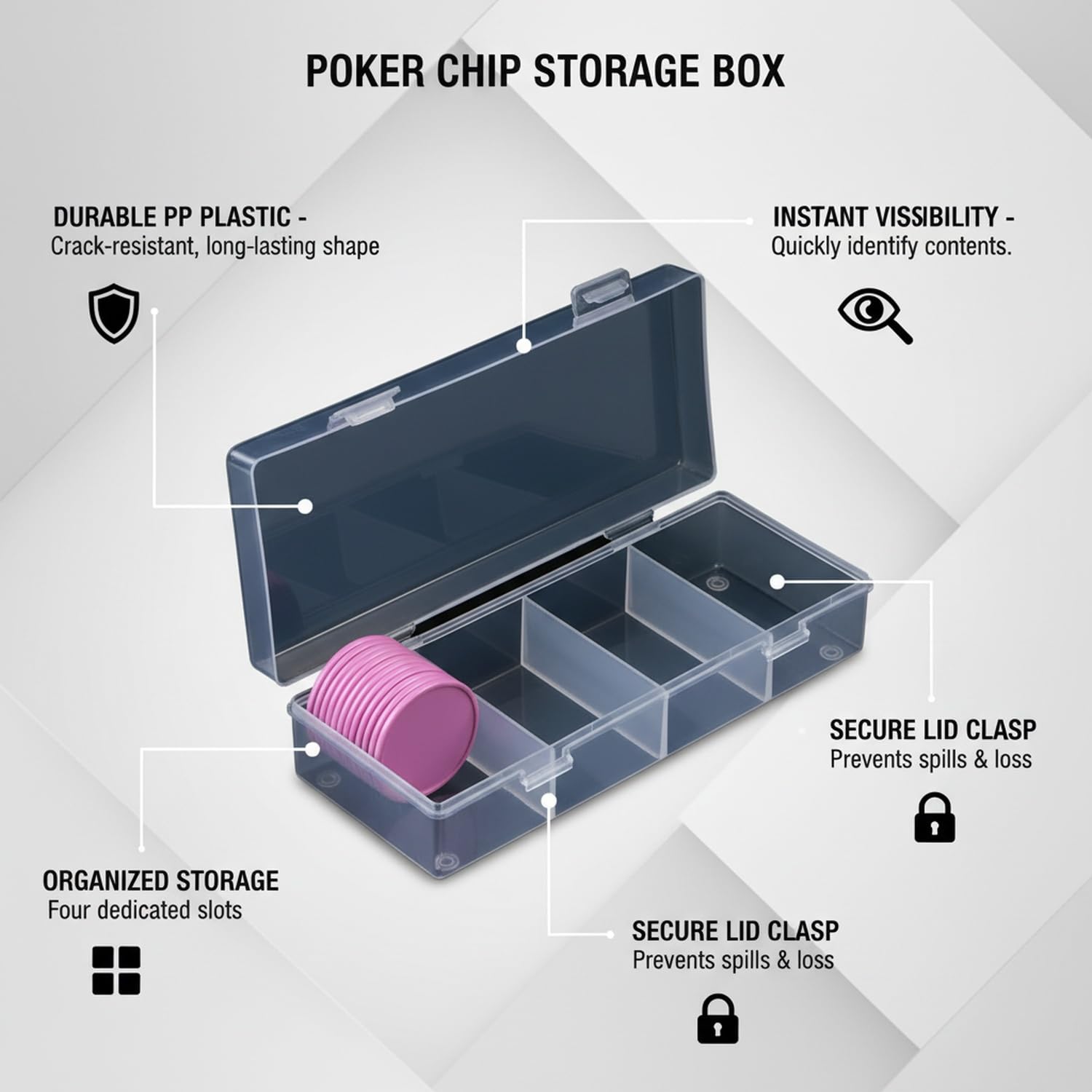Caja de almacenamiento para fichas de póquer y cartas, caja de plástico PP transparente duradera con tapa, ideal para organizar fichas de juego de mesa, 12.5 x 6.5 x 4.5 pulgadas