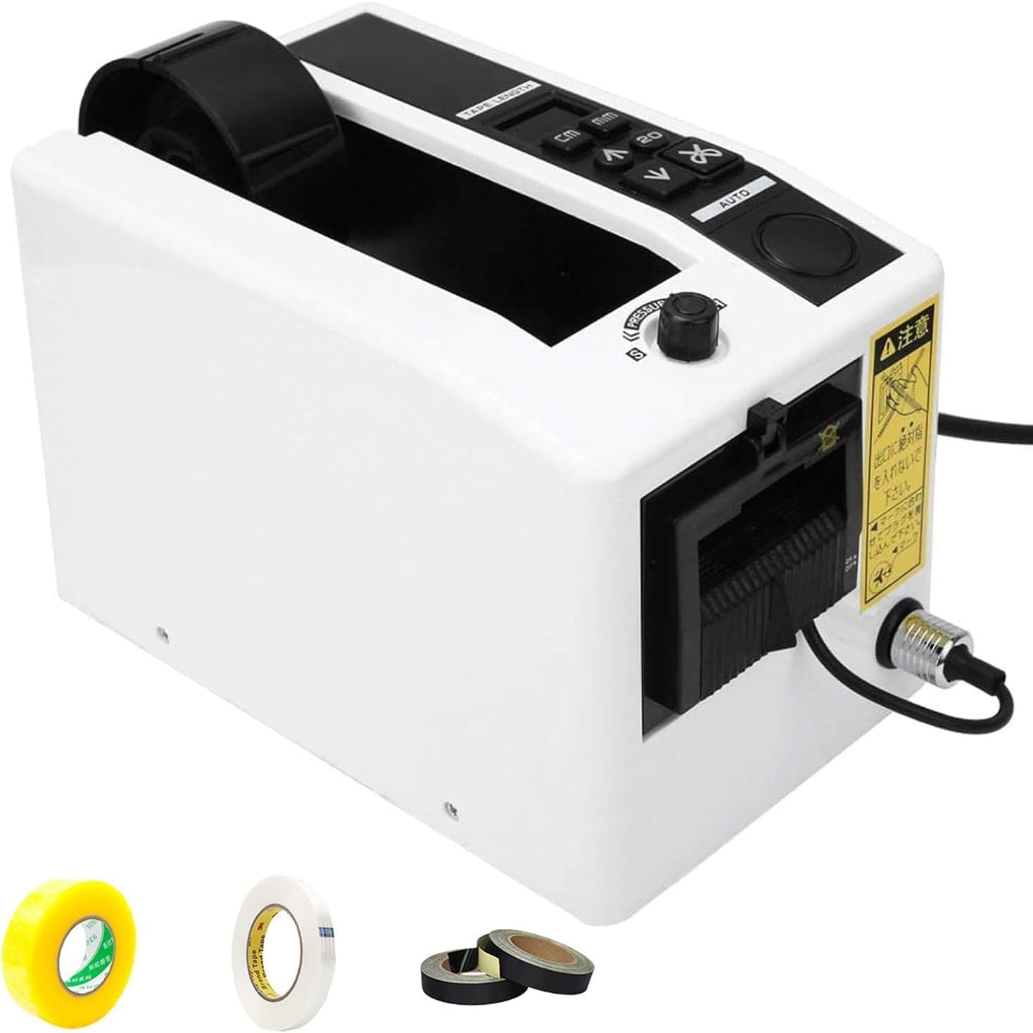 Dispenser e taglierina automatici per nastro adesivo con display digitale, ideali per ufficio e magazzino.