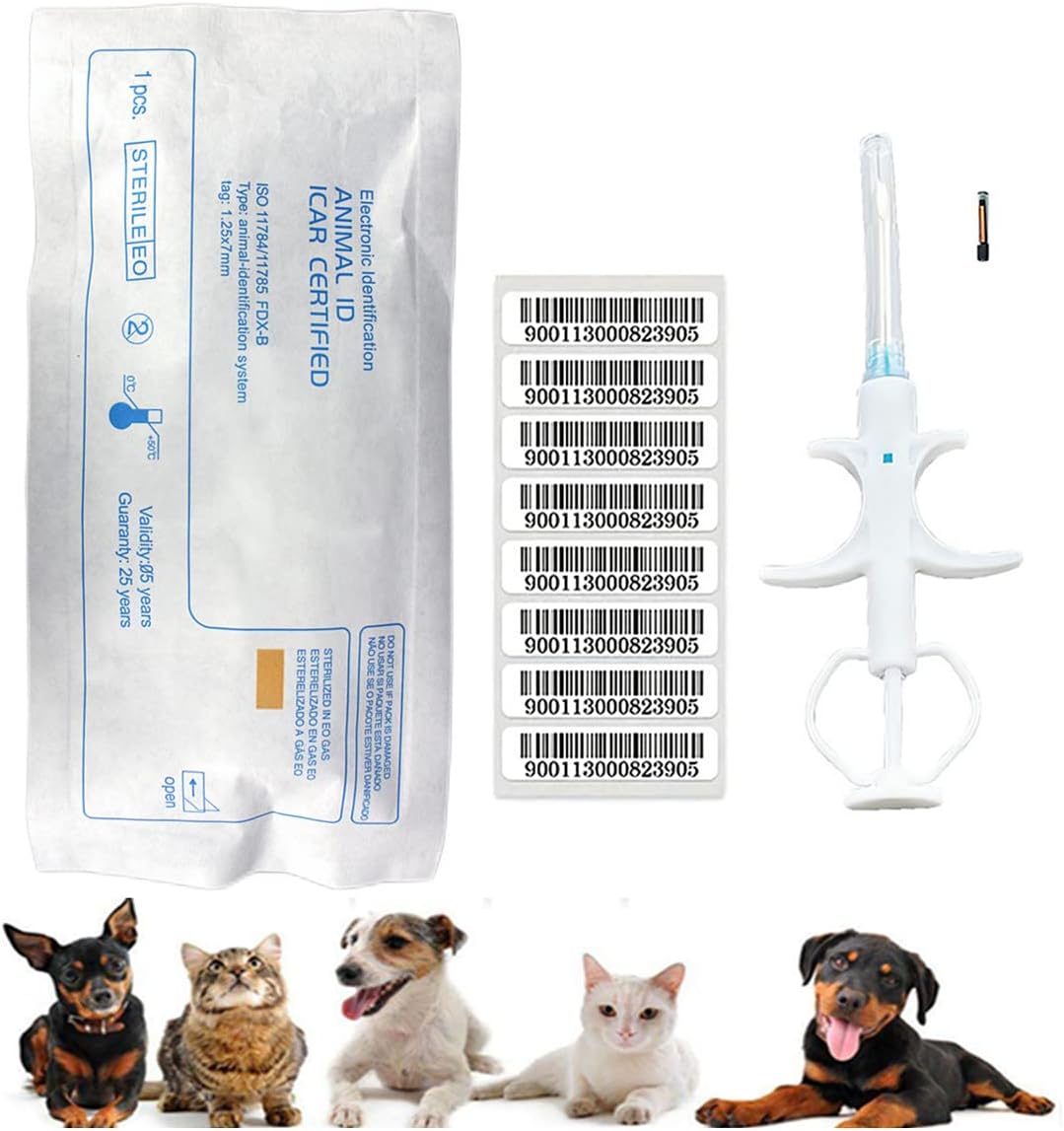 20Packs 1.25x7mm, Universal Pet Microchip Animals Implant Chip 134.2khz Registration FDX-B Pet ID Microchip for The Management of Dog Cat Cow Pig Rabbit Pigeon Fish