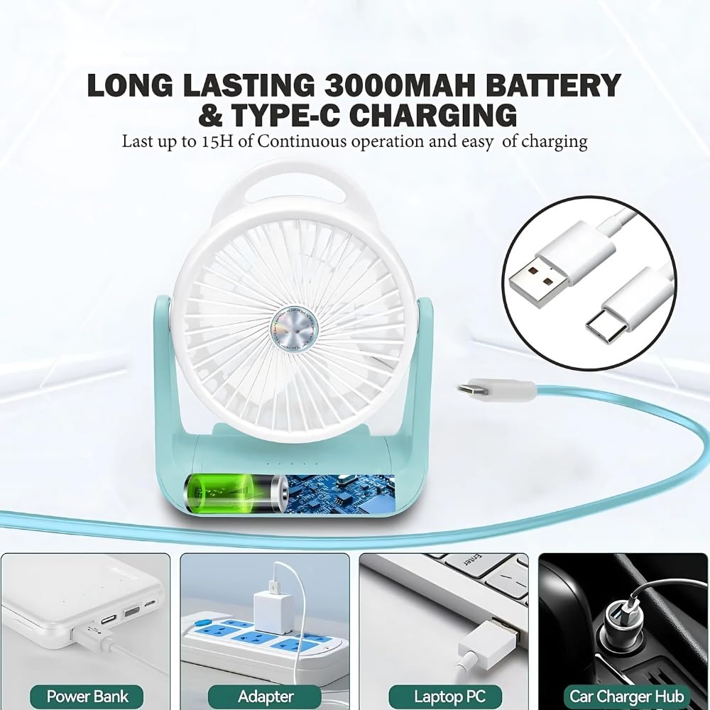 Elevea ๐๐ ๐๐๐๐ซ๐ฌ ๐๐๐ซ๐ซ๐๐ง๐ญ๐ฒ Compact USB Rechargeable Portable Fan โ Multi-Mode Standing, Desk & Handheld Cooling with Adjustable Tilt & Speed, Quiet Operation, Perfect for Adventures. 3