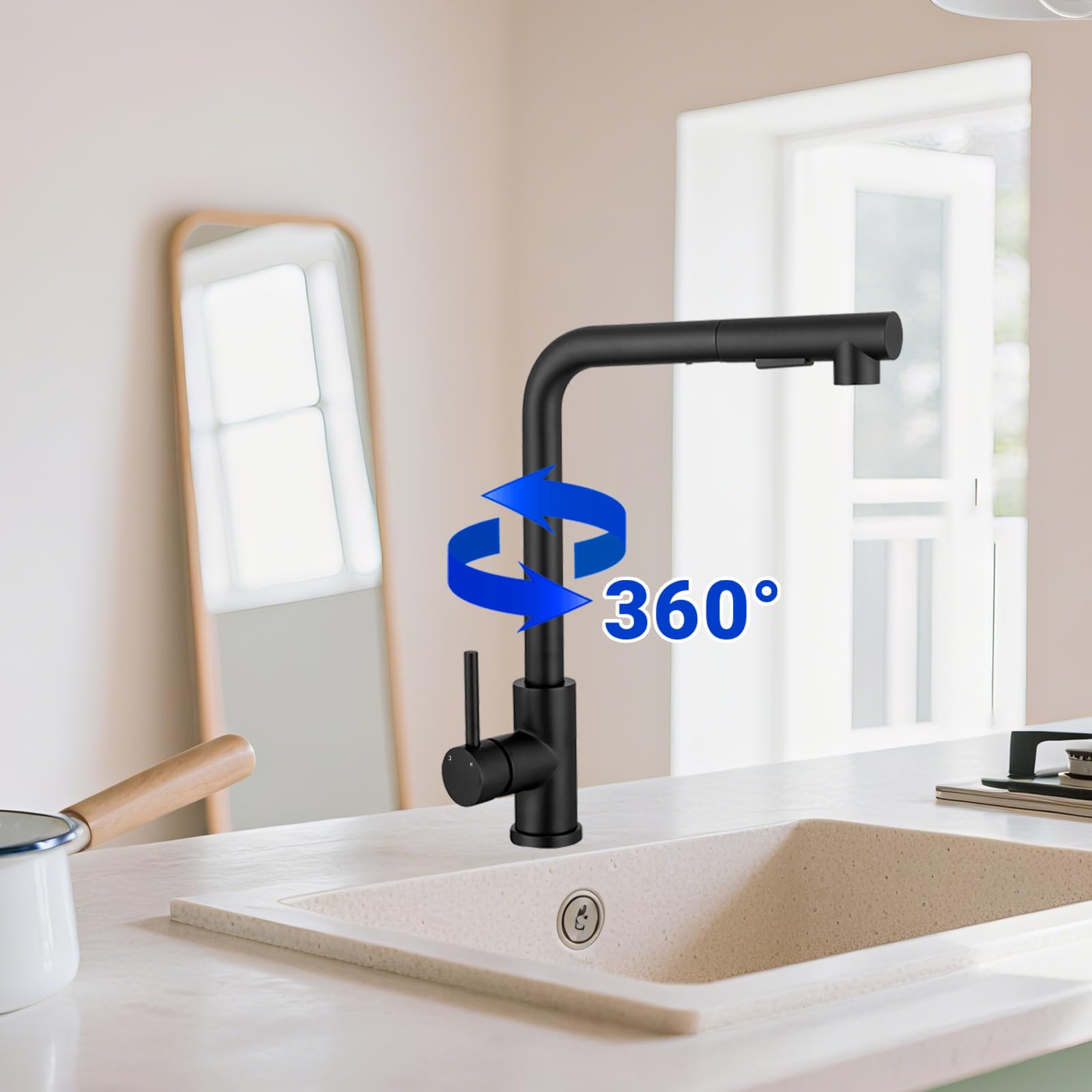 AICA Küchen-Wasserhahn, Hochdruck-Auszieharmatur aus Schwarz Edelstahl mit 2 Wasserstrahlarten, 360° schwenkbare Einhebel-Spültischarmatur und 40CM Auszugshose
