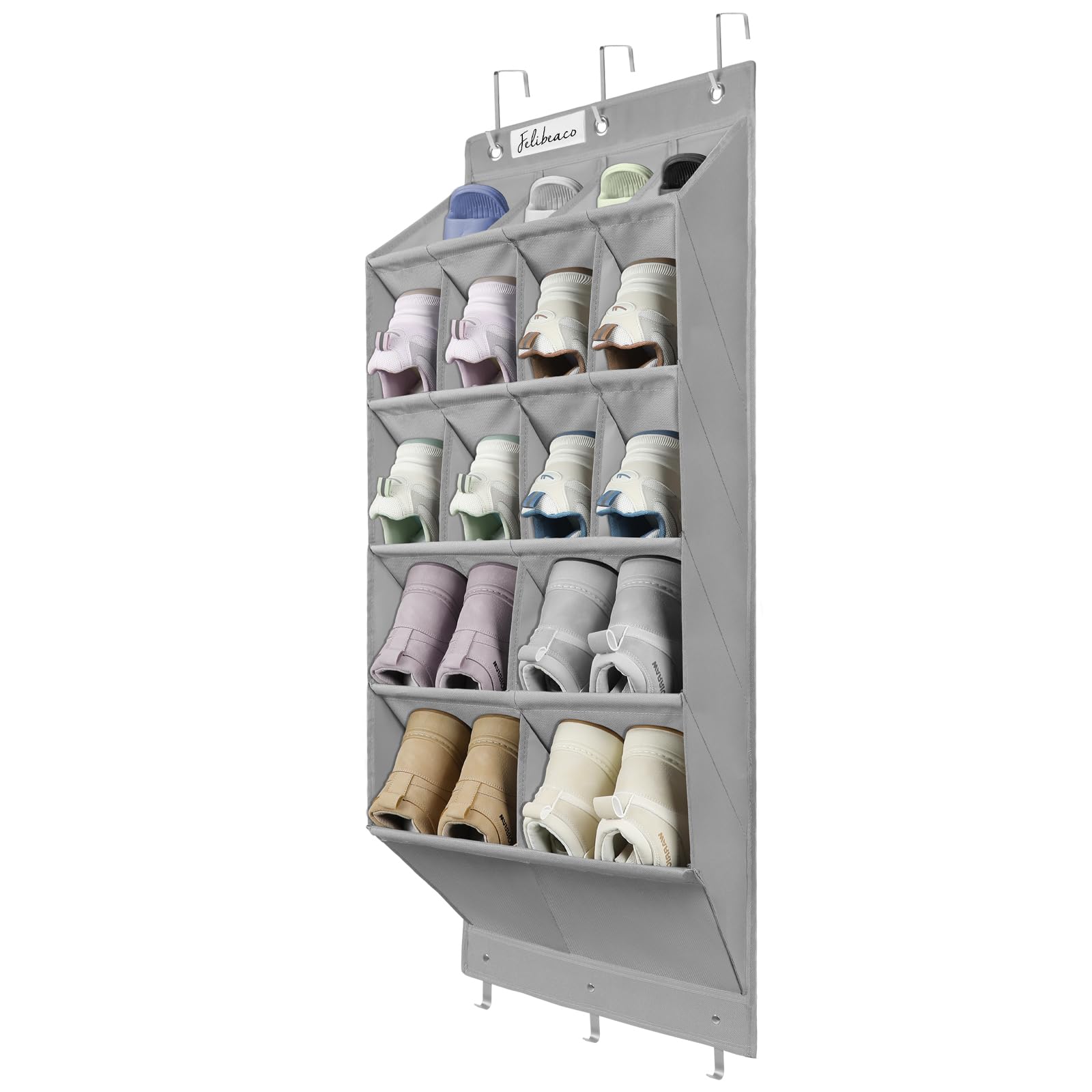 Felibeaco Over The Door Shoe Organizer, Hanging Shoe Organizer with 16 Large Deep Pockets, Sturdy Oxford 600D Fabric Door Shoes Hanger Rack for Closet