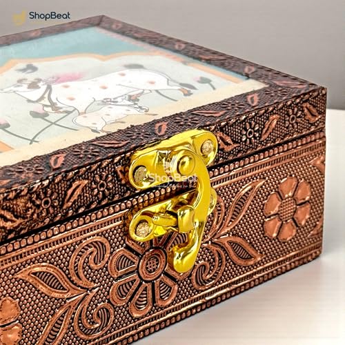 Image of Wooden Jewellery Box for Women - Sacred Teal | Handcrafted Pichwai Design with Lock | 4x4 Inch Organizer for Earrings Rings | Return Gift for Wedding Diwali Pooja
