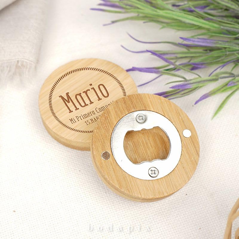 Pack 25 Abridores de Bambú Magnéticos con Mensaje | Abrebotellas para Regalo de Comunión, Bautizo, Boda | Detalle personalizado para Invitados | Bodapix