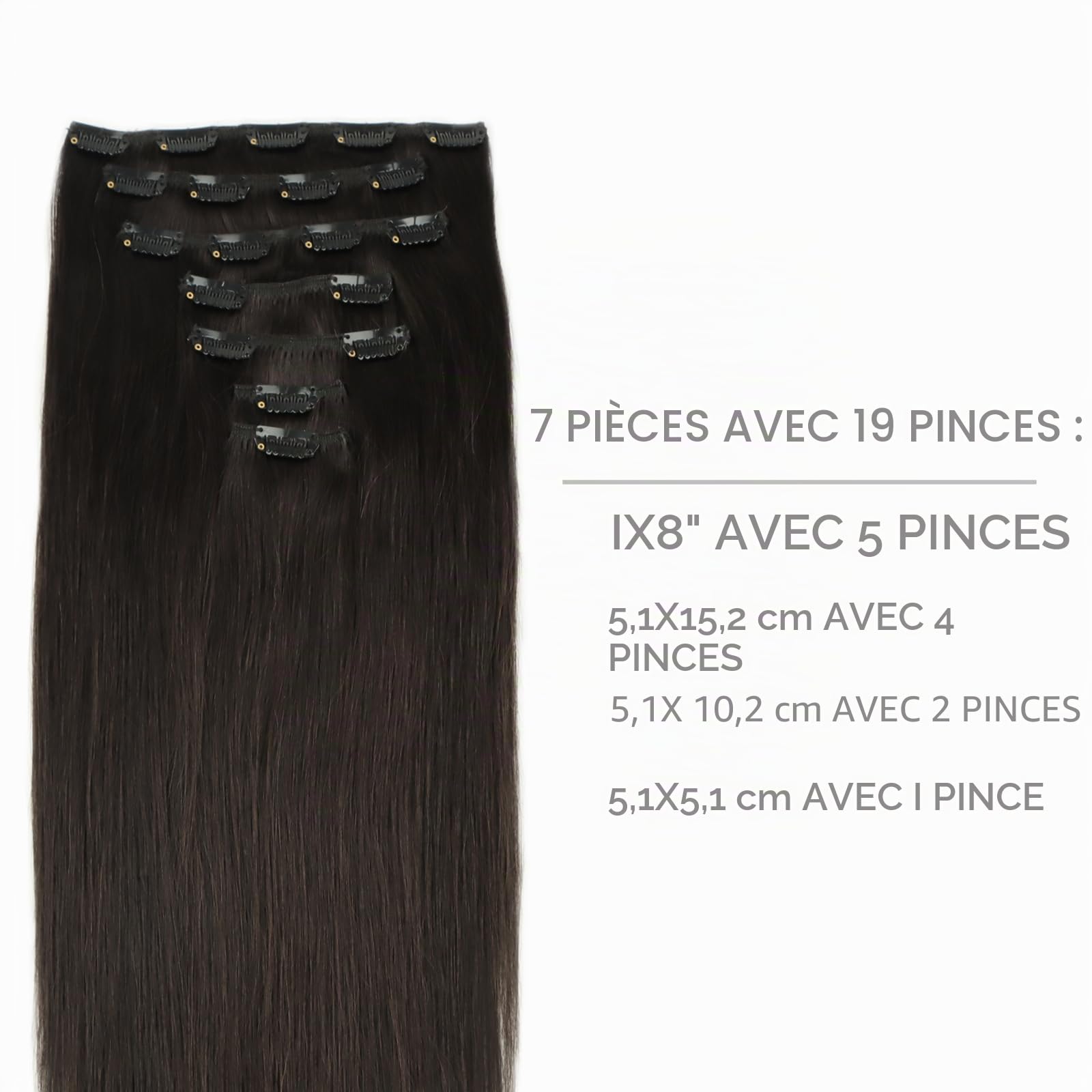 WENNALIFE 55cm 120g 7pcs Extension Cheveux Naturel Clip Cheveux Humains Brun Foncé Vrai Cheveux
