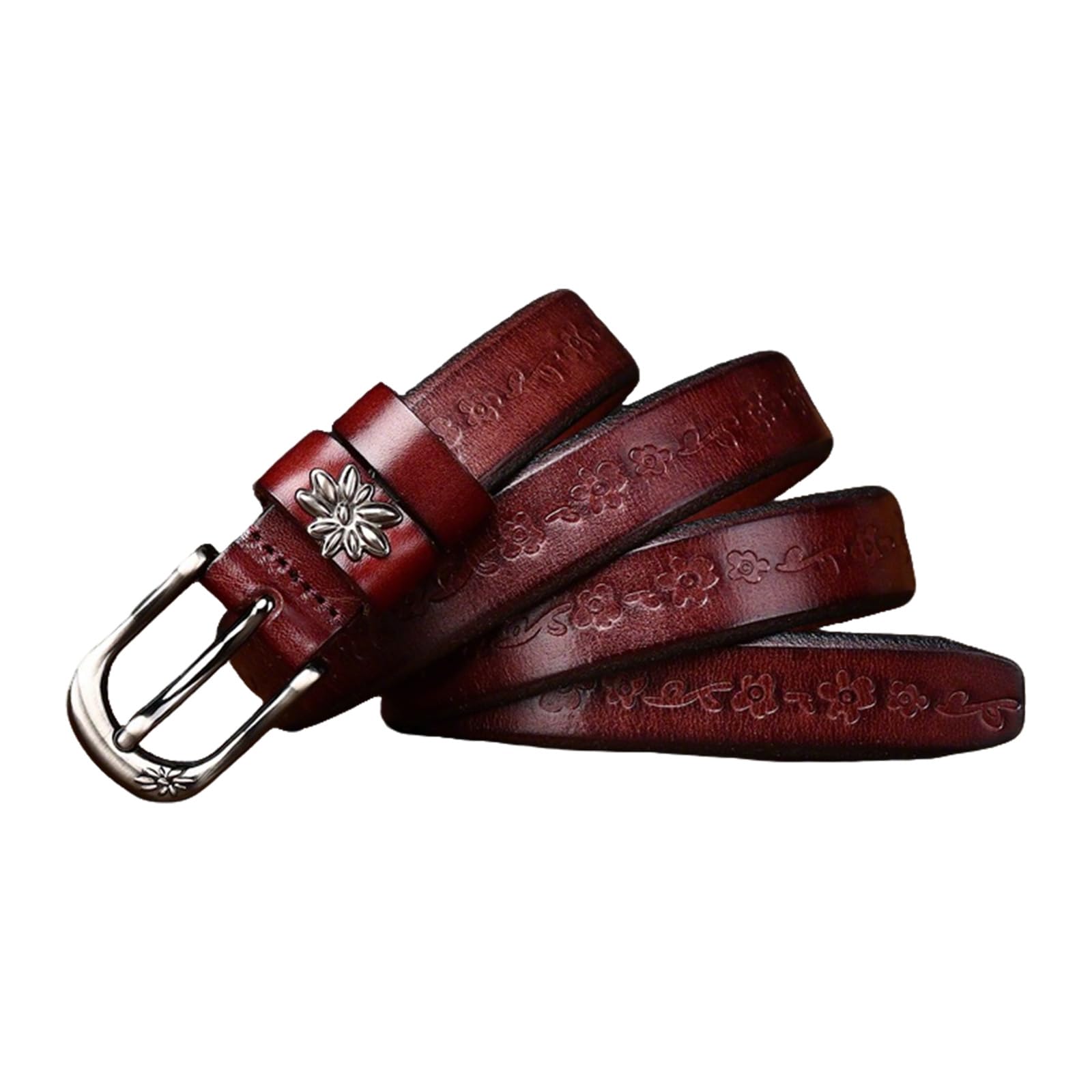 JIARY Womens Genuine Leather Belt, Floral Embossed Casual Belt,Vintage Decorative Fashion Belt for Jeans,Red brown,105CM/41.3''