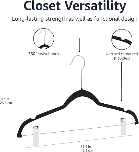 Miniatura 5 de Tienda Basics Perchas antideslizantes de terciopelo para ropa con clips, paquete de 24 unidades, negroplateado