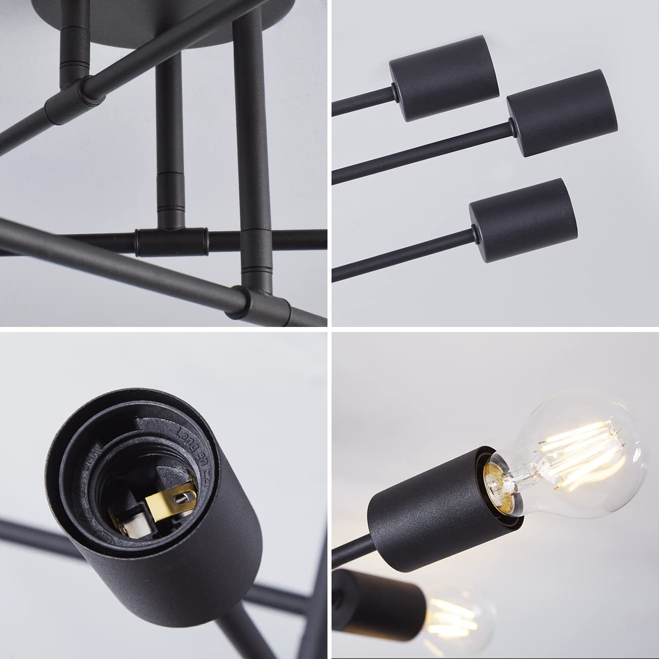 ANWIO Lustre E27 Noir, Plafonnier Industrie, Lumières Moderne Plafonnier Lustre Luminaire Industriel en Metal, Lampe de Plafond Vintage à 6 Bras pour Salon (Sans Ampoules)