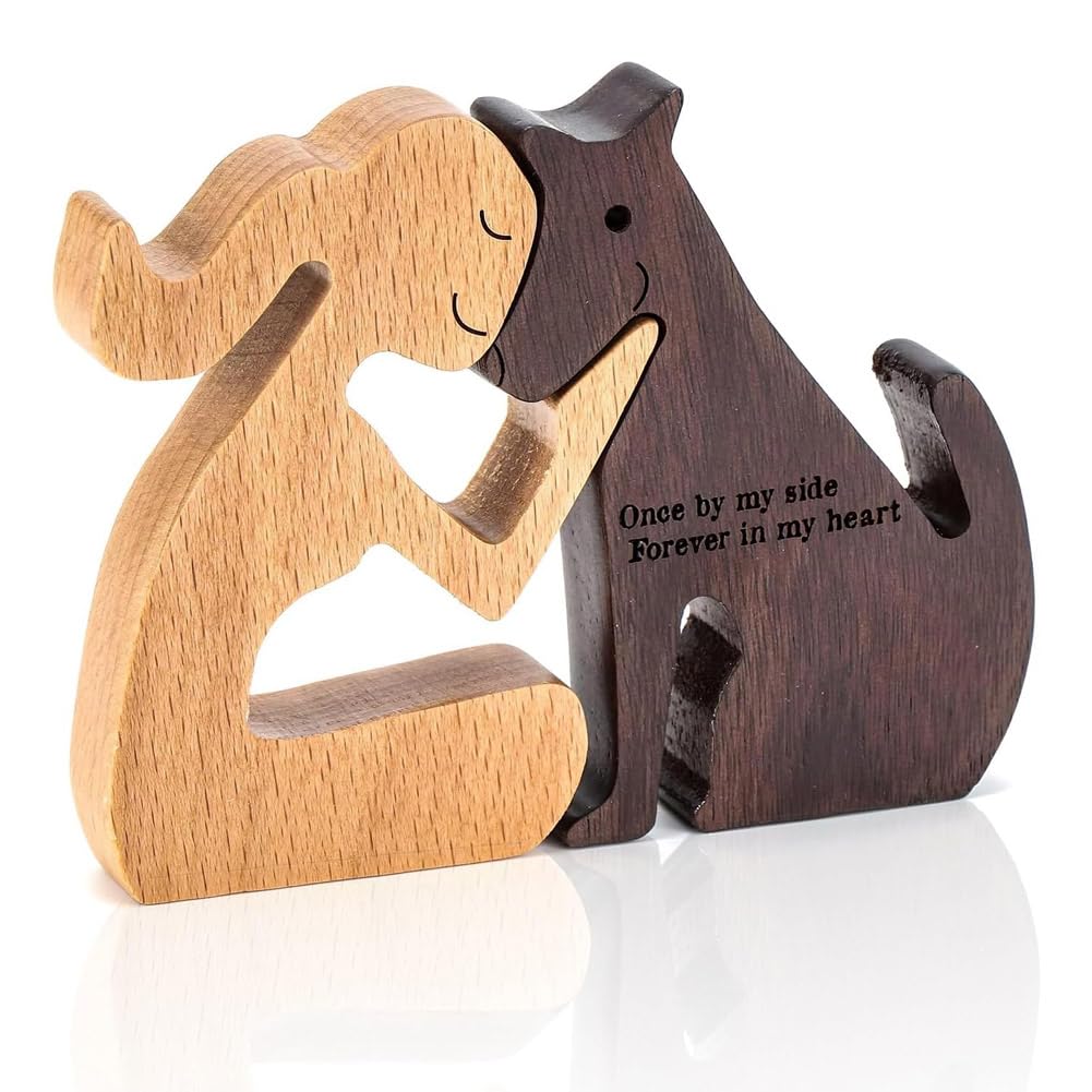 WNQSFYT Wooden Dog Family Pet Figurines - Natural Handmade Animal Sculpture Carving Ornaments - Creative Gifts for Dog Lovers and Women