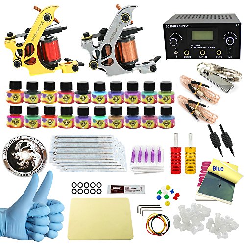 Wormhole Complete Tattoo Kit for Beginners Dual Tattoo Power Supply Kit 20 Tattoo Needles 20 Tattoo Inks 2 Pro Tattoo Machine Kit Tattoo Supplies CD004