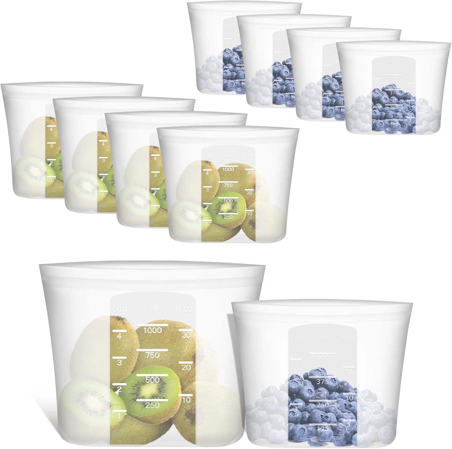 Reusable Storage Bag, 8 Pack 100% Silicone Food Storage Bags Stand Up Silicone Zip Lock Bags for Food Container, Freezer Microwave Oven Dishwasher Safe, 4 Medium 2 Small 2 Extra Small, Translucent - Thumbnail 3