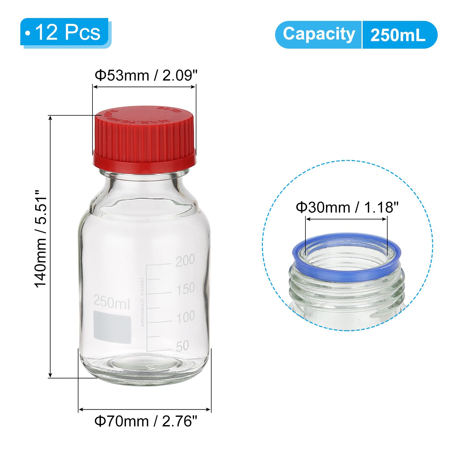 PATIKIL 12 Piezas Frascos De Almacenamiento Para Medios Reactivos, 250ml Frascos Redondos Graduados De Vidrio Borosilicato Con Tapa Roja GL32 Para Líquidos Reactivos De Agua En.
