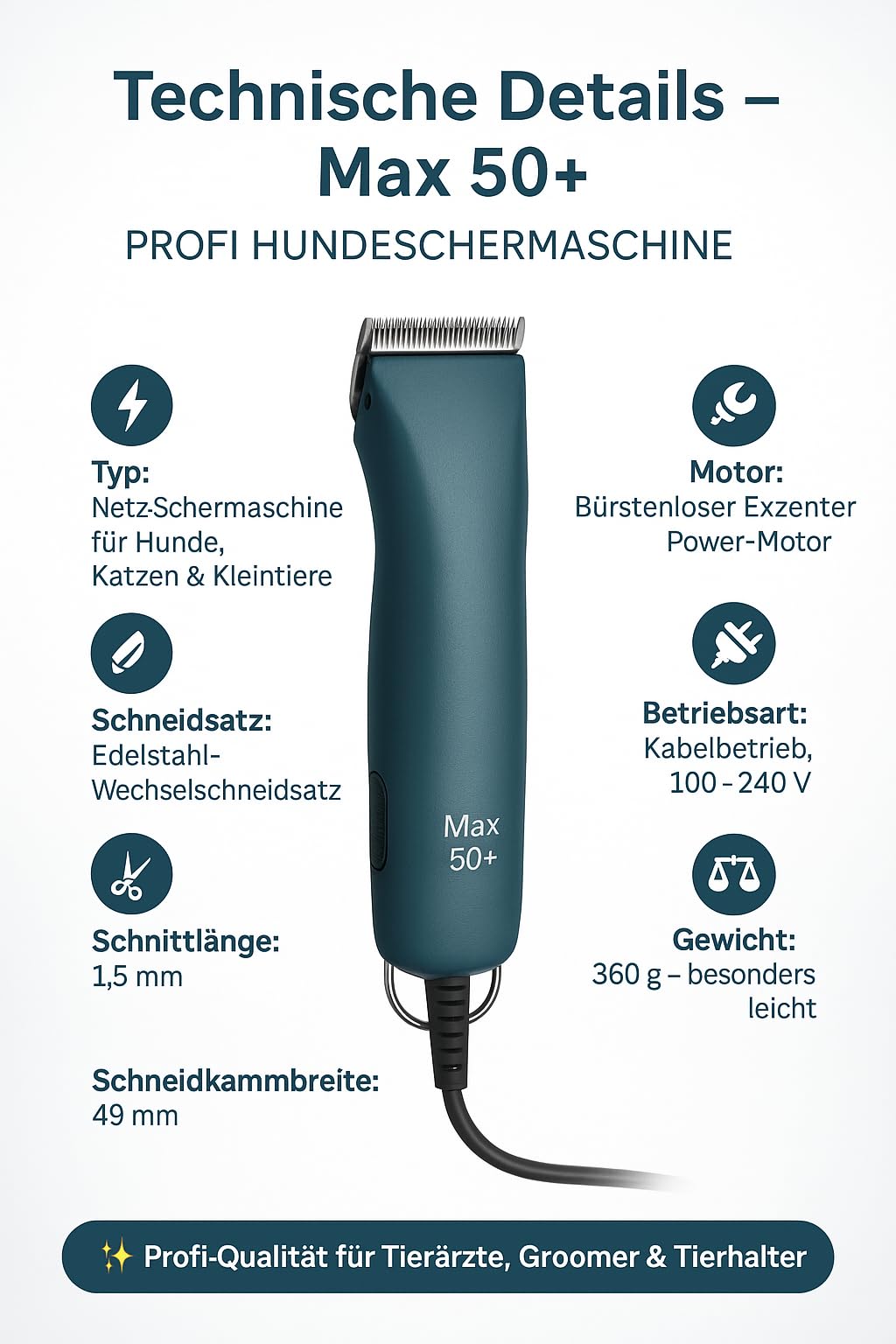 Rotschopf24 Edition: Profi Hunde Schermaschine MAX 50+ mit 8 extra Metallaufsteckkämme + Tasche. Stärker als Moser MAX50